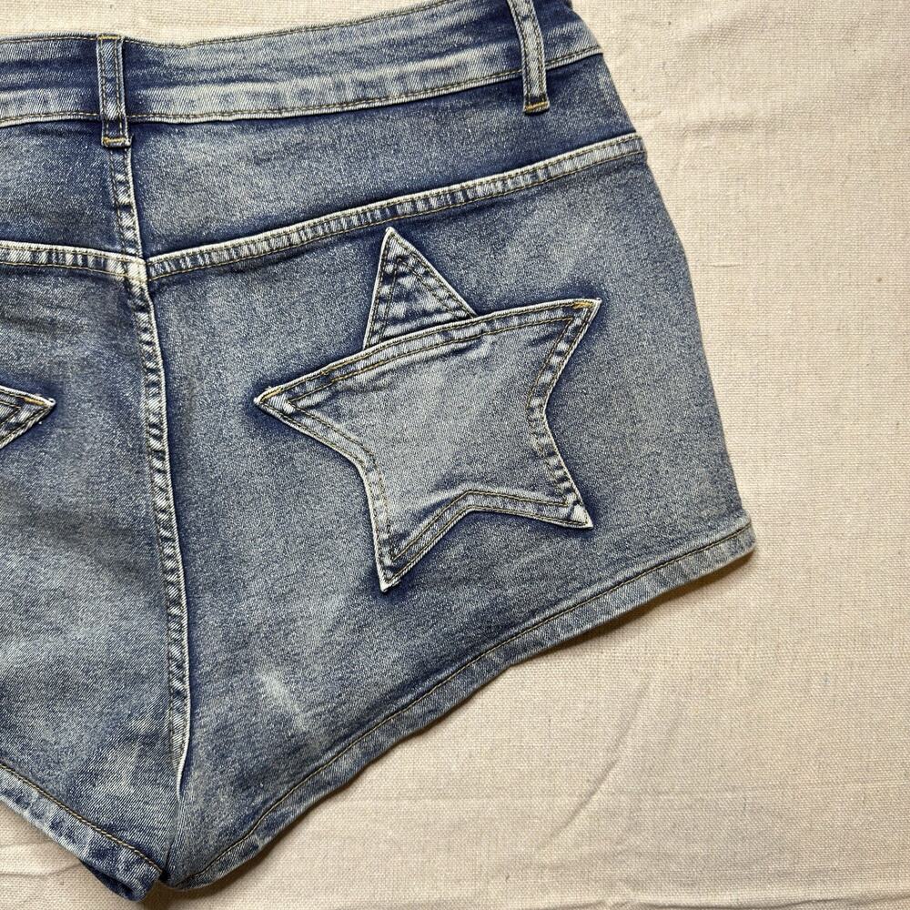 ROMWE Womens 1XL Denim Shorts NWT Blue Star Applique Y2K Festival Stretch - Picture 6 of 11